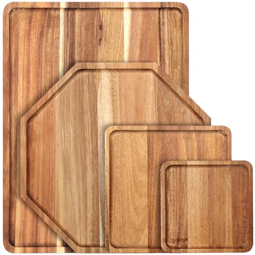 Baderke 4 Pcs Solid Acacia Wood Charcuterie Boards Wooden Serving Tray Set for Serving Food Large Dinner Platters for Dinner Party Cheese Food Decorative(Square Octagon Rectangle, 4 Sizes)