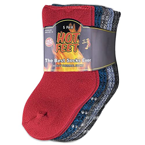Hot Feet Toddler Boys And Girls Crew Warm Thermal 5/6 Pack Socks W/Soft Thick Brushing Inside, Large, Men, Christmas Red #TOP1
