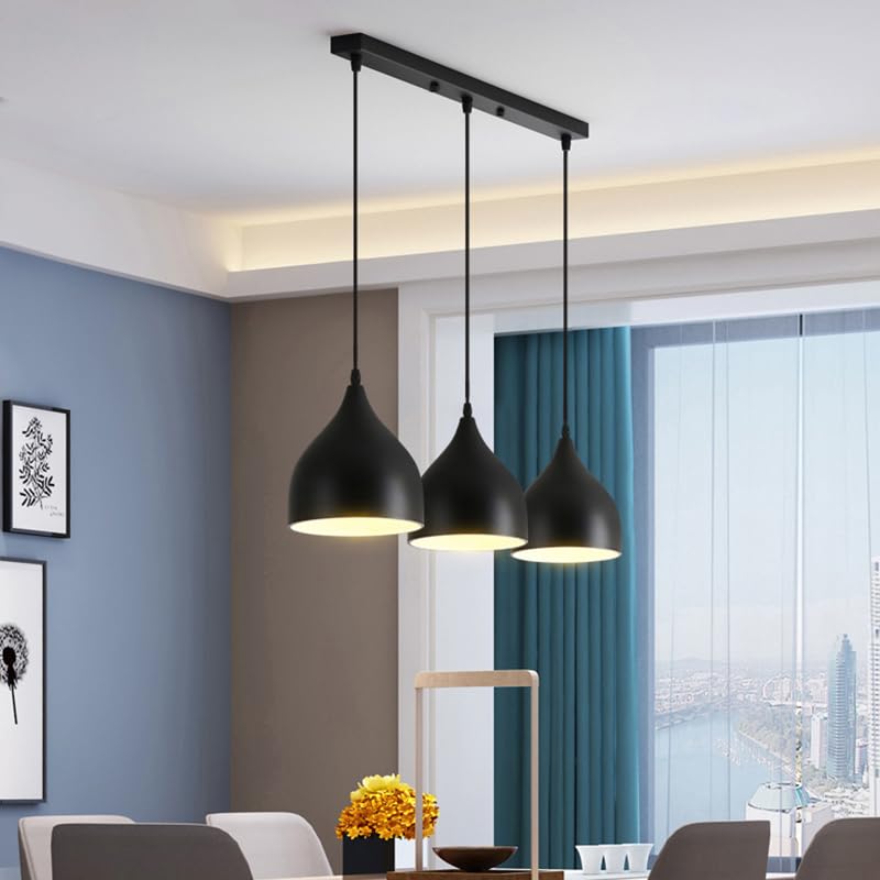 Image of GreyWings Modern Triple Black Dome Pendant Hanging Light for Ceiling, Aluminium, Drop, Antique Decor, (Bulb is not Included) White, 3 Lamp Linear Set