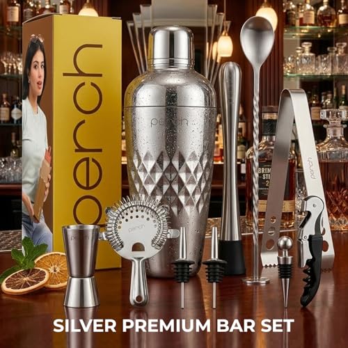 Image of O' Holic by Perch Craft 10-Piece Stainless Steel Bartender Kit|Premium Cocktail Shaker Set with Jigger 30 /60ml, Spoon,Pourer,Ice Tong, & Bar Tools|Professional Bar Set for Home &Tour Parties|Silver