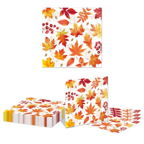 Kotkiddy 48 Stück Herbst Thanksgiving Papierservietten Ahornblätter Einweg Mittagstisch Servietten Herbst Feiertag Dinner Hand Servietten