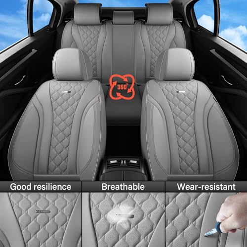 Image of Coverado Leather Seat Covers, Car Seat Covers Full Set, Perforated Diamond Leather Car Seat Cover, Waterproof Car Seat Protector Seat Cushion, Universal 5 Seats Seat Cover Fit for Most Cars, Gray