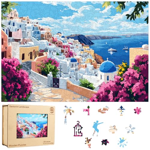 Mys Aurora Scenery Puzzles for Adults, Santorini Wooden Puzzles, 200 Pieces Unique Shaped Jigsaw Puzzle Birthday Gift Challenging Family Game for Kids and Adults 12.6 * 8.6 inch