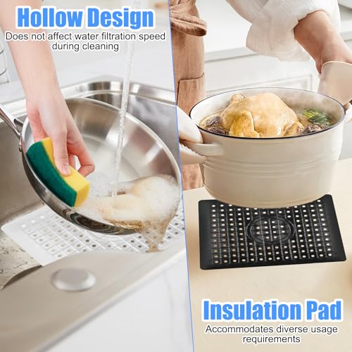 2 Piezas Alfombrilla de Goma para Fregadero, 31 x 26 cm Alfombrilla para Fregadero Antideslizante, Reutilizable Alfombrillas de Drenaje Cuadrada con Orificio para Cocina y Baño (Blanco + Negro) - imagen 4