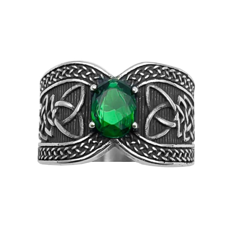 SIMBOLIKS Anillo Celta con Piedra Verde, Nudo Celta Protección, Joyería Vikinga Unisex en Acero Inoxidable, Anillo Esotérico Energía y Amuleto de Buena Suerte. Incluye pulsera de los 7 nudos