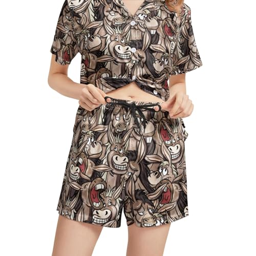 Image of Funny Pajamas for Women Set Print Satin Loungewear Pjs Short Sleeve Button Down Top and Shorts Sets Sleepwear XS-3XL
