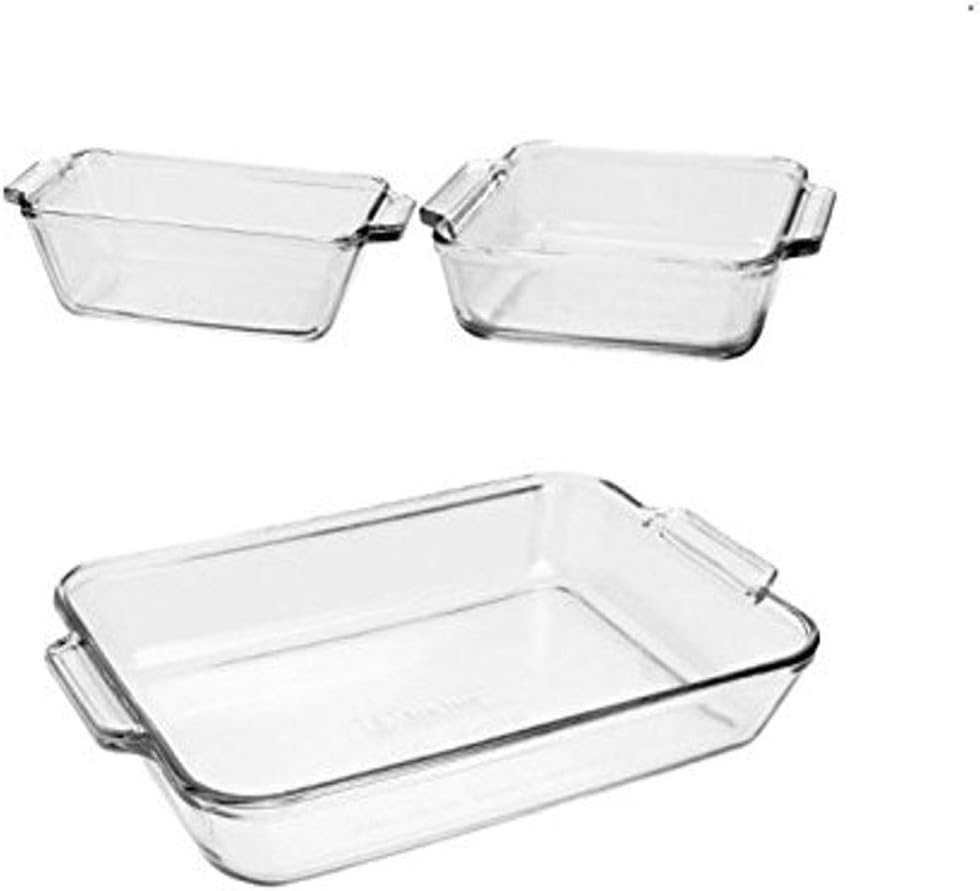 Anchor Hocking Oven Basics 3-Piece Glass Bakeware Set with Square Cake, Rectangular, and Loaf Baking Dishes