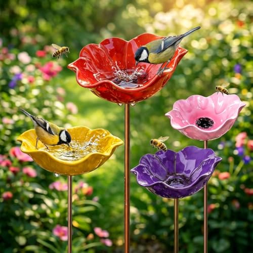 Bain d'oiseaux Extérieur sur Pied en Métal, Mangeoire & Abreuvoir pour Oiseaux Forme de Fleur, Baignoire à Oiseaux pour Jardin Balcon, Station...