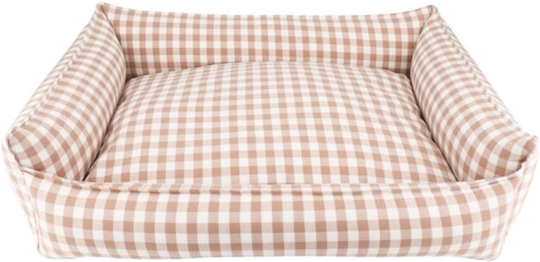 Gingham Dog Bed for Small Dogs Washable Plaid Dog Bed for Medium Dogs Checked Dog Bed with Removable Cover (L - 20"x 27",Beige) L - 20"x 27" Beige