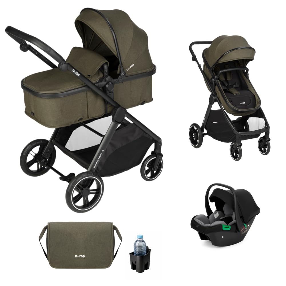 Nurse Wander C Trio Carrito de Bebé 3 in 1, Capazo Convertible in Hamaca y Silla de Coche i-Size, Plegado Compacto, con Accesorios, Verde