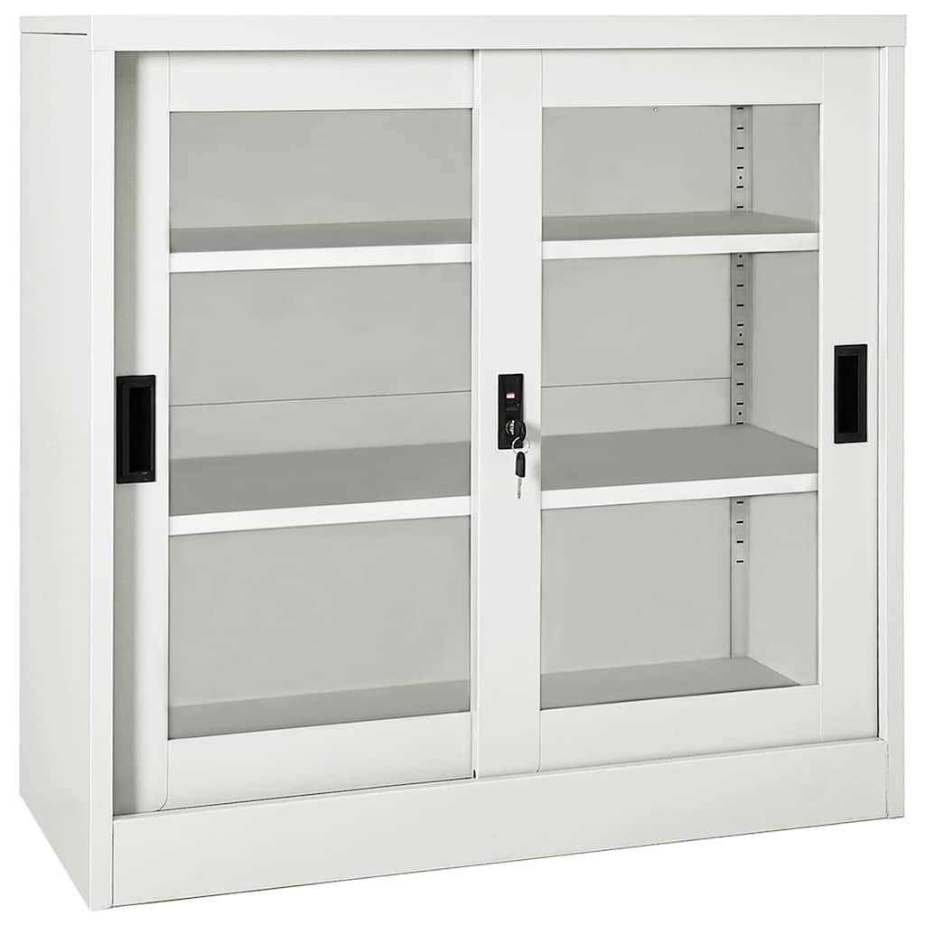 Szafka z drzwiami przesuwnymi, jasnoszara 90 x 40 x 90 cm, stal z zamkiem, 2 wkładane półki, zamykana, zajmuje mało miejsca, do biura, salonu, korytarza, miejsca do przechowywania i porządku