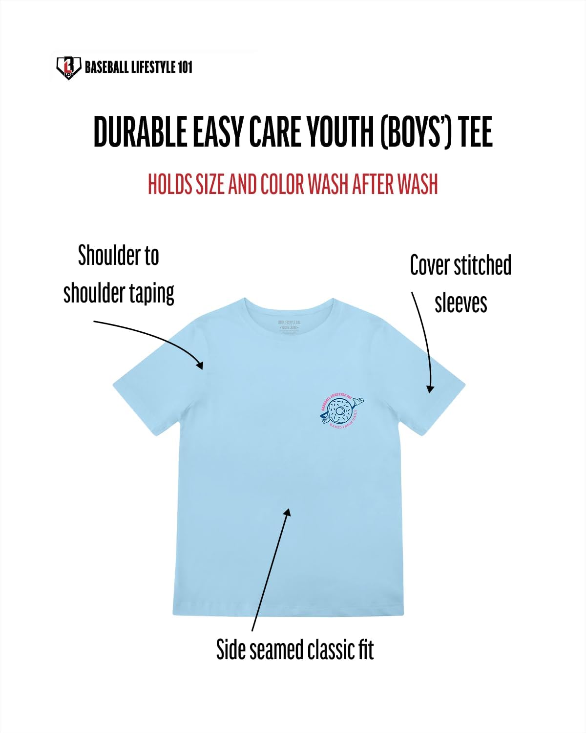 Baseball Lifestyle 101 Donut Youth Tee for Boys, Soft 60/40 Blend, Breathable, Side-Seamed, Sizes Youth S-L - Image 4