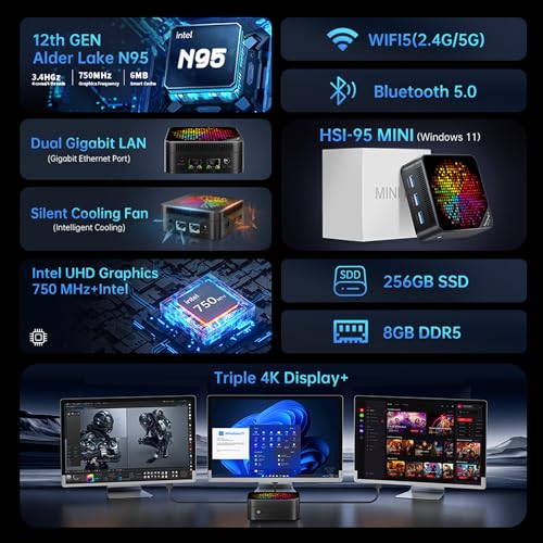 Image of TUREWELL HSI Mini PC, Alder Lake N95 - Quad-Core 3.4GHz, 8GB DDR5 256GB SSD Mini Desktop Computer, WiFi 5 /BT5.0 /USB3.0 /Gigabit Ethernet, Triple 4K Display Micro Computer for Home Office (HSI-95)