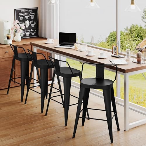 Conjunto de 4 butacos industriales de metal para exterior, altura de barra, asiento grande, respaldo bajo, color negro miniatura 4