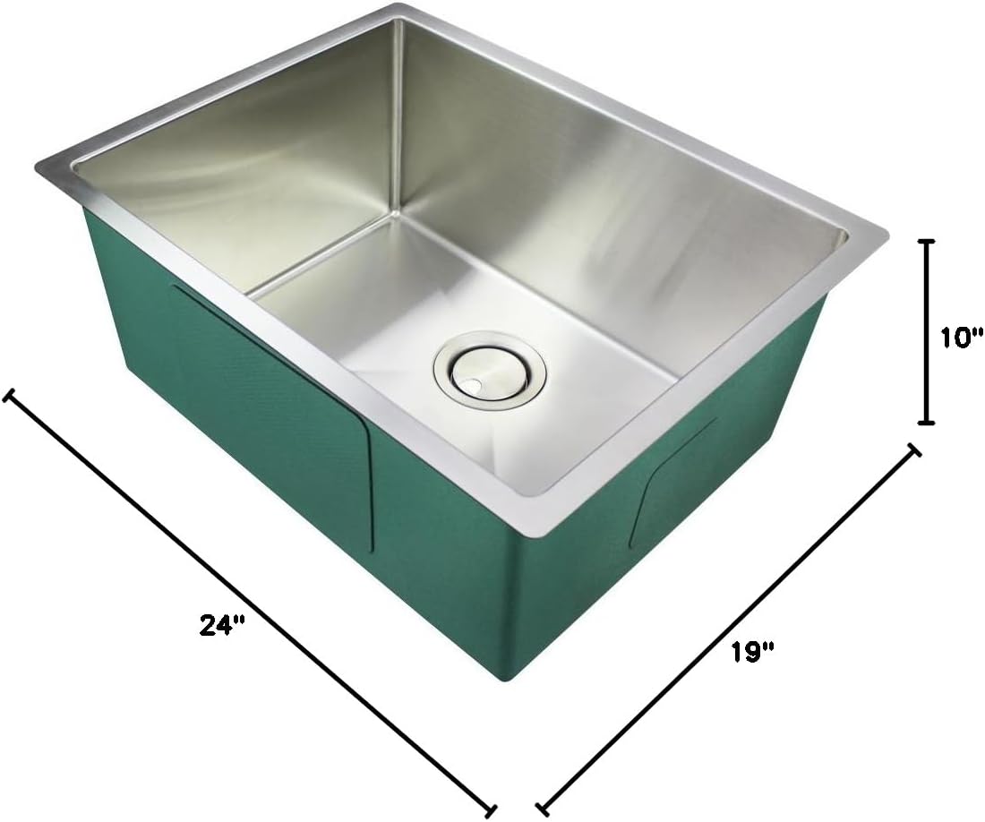Transolid DUSBT24191014 Diamond Undermount Single Bowl 14-Gauge Stainless Steel Kitchen Sink, 24-in x 19-in x 10-in, Brushed Finish