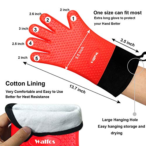 Walfos Grilling Gloves - Heat Resistant Silicone Oven Mitt, Premium Non-Slip Silicone Internal Protective Cotton Layer, Waterproof, Great For Grilling, Kitchen And Cooking (Red) #TOP4