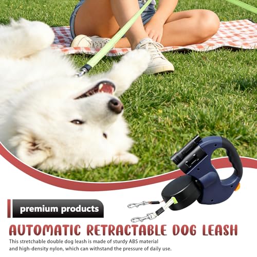 BAIFULAI Einziehbare Hundeleine für 2 Hunde, 3m Doppelleine für 2 Hunde mit Licht, Anti Rutsch Griff, ausziehbar, Rollleine Leine für Kleine Und Mittelgroße Hund (Blau)