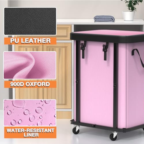 Image of 150L (40 Gal) Large Fashion Laundry Basket with Wheels, Leather Patchwork Rolling Hamper Carts, Sturdy Metal Frame, Removable Washable Bag, Tall Clothes Sorter for Bedroom (Pink, 1 Section-150L)