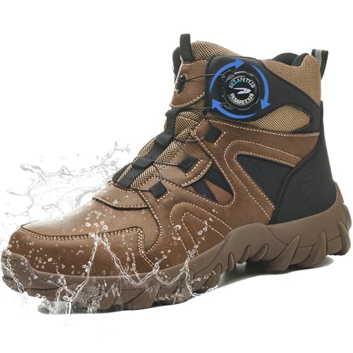 GUDECIUS Sicherheitsstiefel Herren Damen Hoch Sicherheitsschuhe Arbeitsschuhe Wasserdicht Leicht Stahlkappenschuhe Atmungsaktiv rutschfest Bequem Braun 43 EU