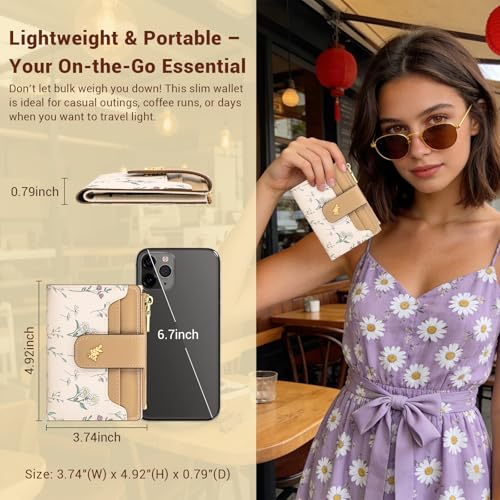 Image of YINHEXI Women's Wallet, Compact and Small Bifold PU Leather Card Holder, Mini Purse with Coin Pocket for Ladies, Girls (Floral Kahki)