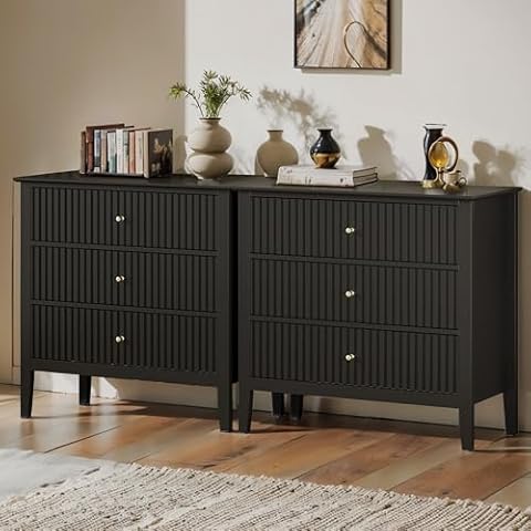 May in Color Fluted 3 Drawer Dresser Set of 2, Wide Chest of Drawers with Ball Bearing Slide Modern 30 inch Tall Wood Nightstand with Spacious Storage for Bedroom Hallway Living Room Entryway, Black Cover