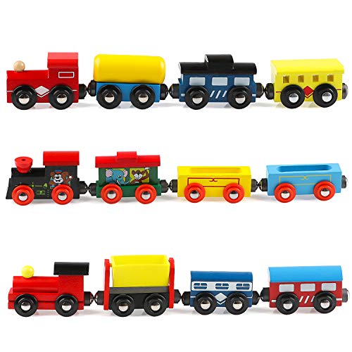 Jacootoys Juego de Tren de Madera de 12 Piezas, Juguetes Magnéticos para Niños Niñas, Compatibles con Las Principales Marcas