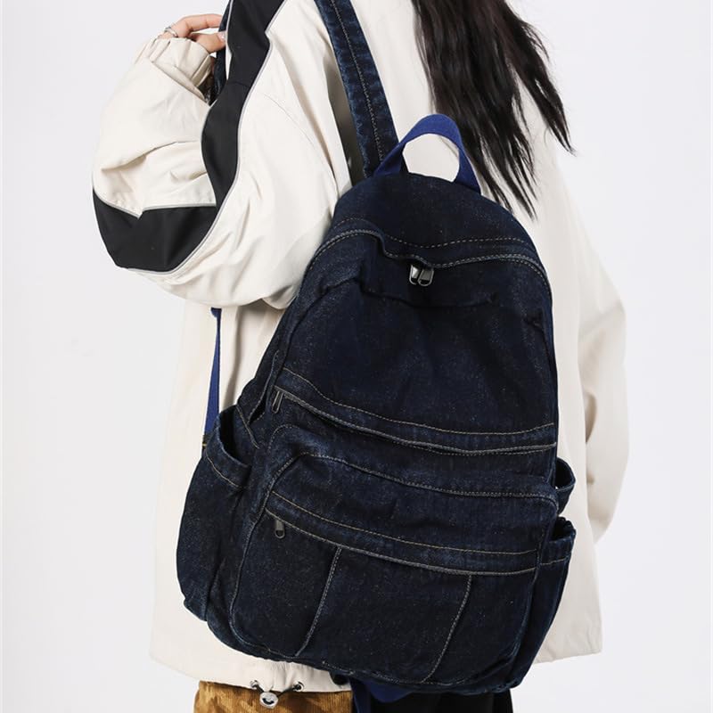 Denim Backpack for Women Men Y2K Aesthetic Daypack Classic Retro Jeans Backpacks Casual Lightweight Laptop Backpack (Dark Blue)4