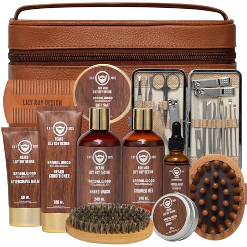 Father's Day Spa Gift Set for Men - Luxury 30-Piece Sandalwood Bath & Beard Gift Set for Men, Bath & Body Care Kit for Him with Beard Wax | Christmas, Valentine's Day, Birthday, Gift for Father Dad