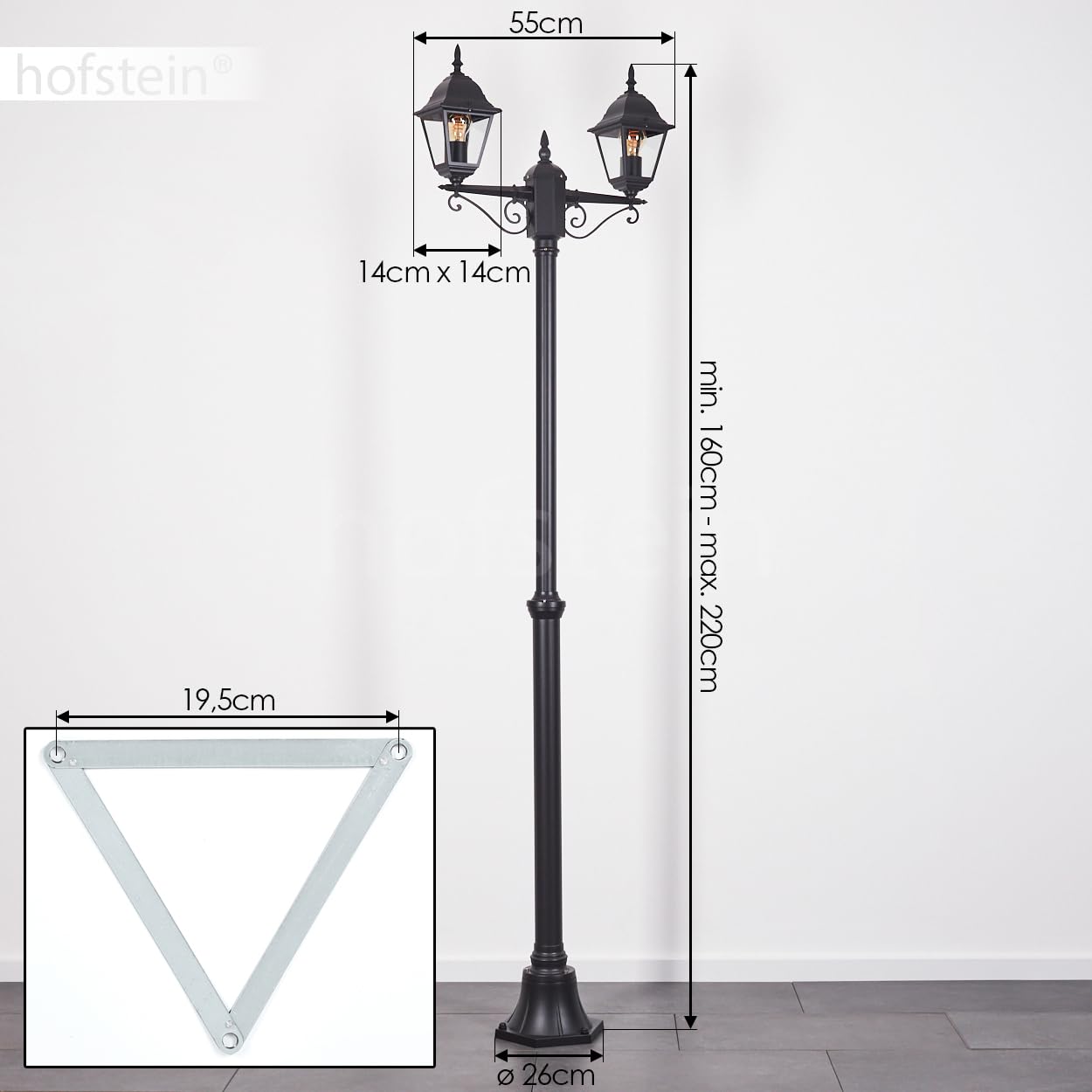 Lampa zewnętrzna drogi Hong Kong, lampa ścieżki z metalu/szkła w kolorze czarnym/przezroczystym, kandelabr o antycznym wyglądzie, wysokość maks. 220 cm, oświetlenie ogrodowe IP44, 2 x E27, bez żarówki