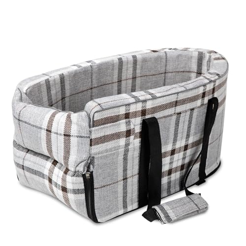 Prpeko Dog Car Seat for Small Dog, Center Console Seat for Puppy, Dog Cat Booster Car Seat, Portable Car Armrest Seat for Dog & Cat Under 10 lbs, Interactive Pet Car Seat (Grid-Grey)