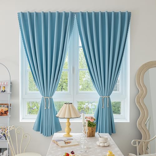 Jilron Magic Tape Stick on Curtains Blackout Curtains for Bedroom no Drillng Self Adhesive Curtain no Rod Small Window (Sky Blue, 59" W x 79" L) 2 Panels