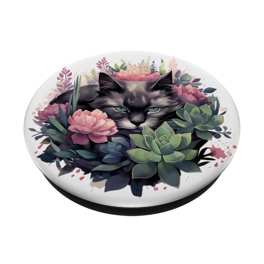 Sleepy Cat in Succulent Garden, Cute Napping Kitten Floral PopSockets Swappable PopGrip, Black - Image 2