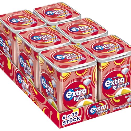 Extra Refreshers Kaugummi zuckerfrei, Strawberry Lemon Gum, 6 x 35 Dragees, Großpackung Chewing Gum, Xylitol Kaugummi ohne Zucker (210 Dragees)