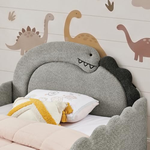 Image of Full Size Kids Bed with Dinosaur Headboard, Upholstered Boucle Fabric Twin Daybed with Slats Support & Side Pocket, Space-Saving Wooden Corner Sofa Couch Day Bed Frame for Girl, Boy, Teenager(Grey)