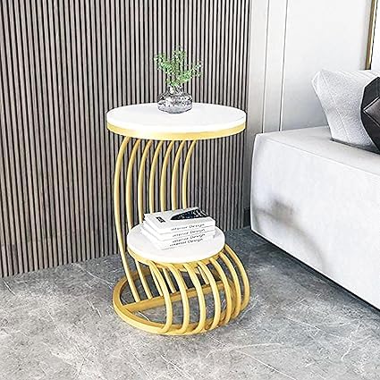 Image of Farmhouse Accent Coffee Table Simple Bedside Cabinet Small Round Table MDF Top Metal Table Living Room Sofa (Golden White)