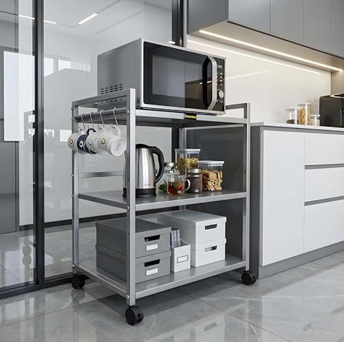 Image of Basic Build Heavy Duty 3 Tier Microwave Oven Stand for Kitchen | Multi-Purpose Metal Rack with Wheels | Storage Organizer for Oven, OTG, Air Fryer, Printer, and Appliances (Silver)