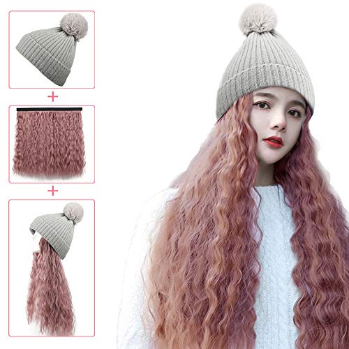 Terence Removable 19.68’’ Wigs with Warm Soft Stretch Cable Knit Beanie for Women Wigs caps (Gray Caps-Light Pink Color)