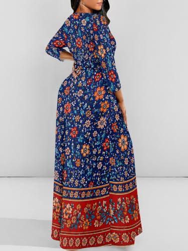 Image of Women Plus Size Long Sleeve V Neck Maxi Dress with Belt | Soft fabric relaxed fit three quarter sleeve v neck with pockets for party and daily wear