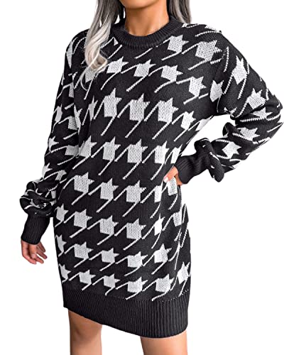 BebreezChic Vestido de Suéter Punto para Mujer Corto Cuello Redondo Manga Larga de Linterna Pata de Gallo Jersey Vestido Elegante Casual, Negro S Cover