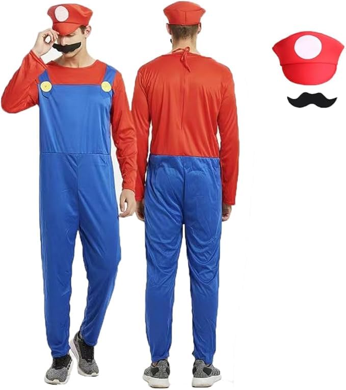 3pcs Mario Costumes, Halloween Costume Mario Cosplay Costume Accessories Kits with Bodysuit, Luigi Hats Cap, Mustaches, Mario Luigi Bros Fancy Dress Outfit Costume for Women Men (165-175CM/55-69inch)