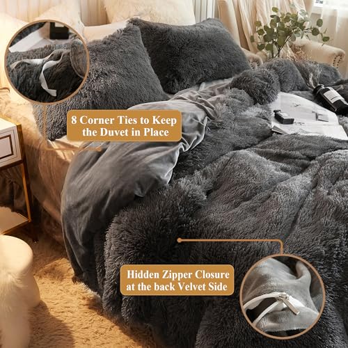 Image of XeGe Plush Shaggy Duvet Cover, Luxury Ultra Soft Crystal Velvet Fuzzy Bedding 1PC(1 Faux Fur Duvet Cover), Fluffy Furry Comforter Cover with Zipper Closure(King, Dark Gray)
