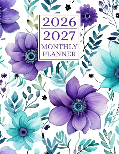 2026-2027 Monthly Planner: 2 Year Calendar 8.5 x 11 Large Size with Holiday Reminders | from JANUARY to DECEMBER 24 Month Organizer Schedule | Purple Flower