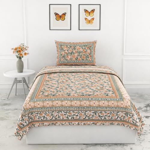 Image of elanorhomes 100% Cotton 240 TC Single Bed Sheet Set | Floral Hand Printed Bedsheet with Pillow Cover | Soft Breathable Summer Fabric for Bedroom | 60x90 Inches (Garden)
