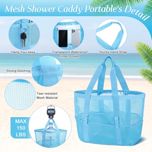 Image of Hillban Large Beach Mesh Bags Bulk for Women Beach Tote Bag with 8 Pocket Zipper Waterproof Sandproof for Pool Cruise Ship