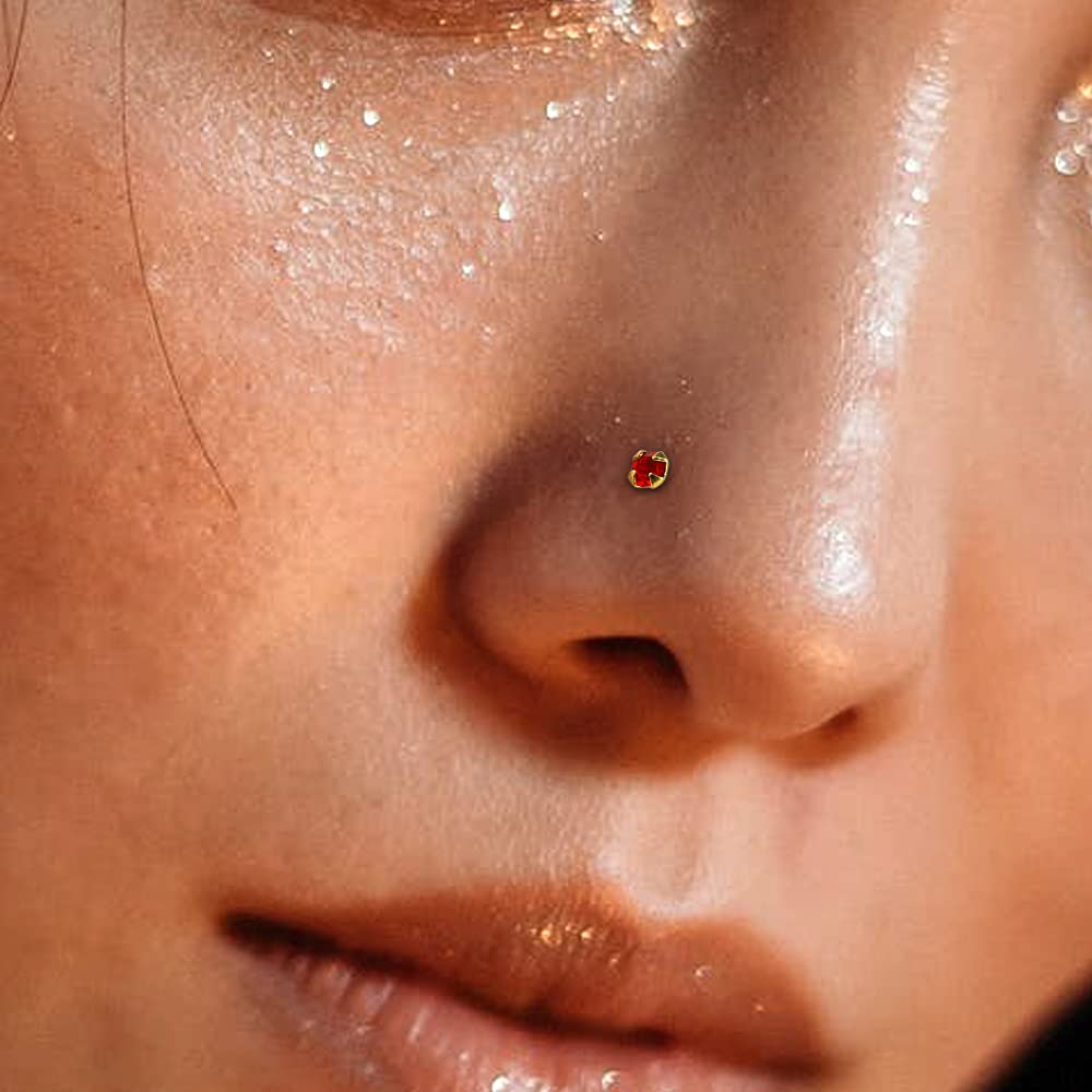 Monster Piercing - 14K Gold Echtgold | Nasenpiercing Nasenstecker Stud | Kristallstein Rot | Stabstärke: 22G (0,6 mm) | Stablänge: 6mm | Steingröße: 1,5mm bis 2,5mm | Hypoallergen