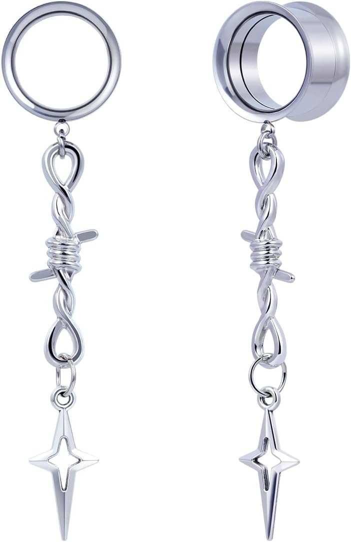 2PCS Earrings Gauges Stainless Steel Ear Dangle Gauges Daily Personalized Double Flared Ear Dangle Tunnels and Plugs Screw Fit Expander Stretcher For Women Men Body Piercing Jewelry