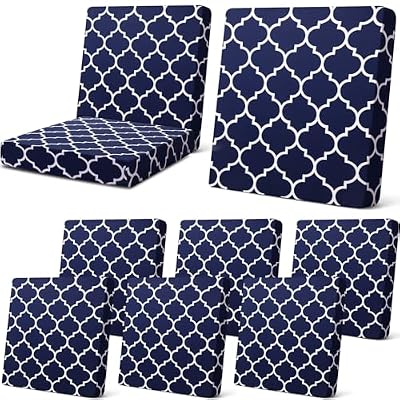 Newwiee 8pcs Patio Stretch Sofa Cushion Covers Stripe Outdoor Cushion Covers Replacement Patio Furniture Cushions Couch Slipcovers Chair Seat Covers Soft Flexibility Protector (Navy Blue)