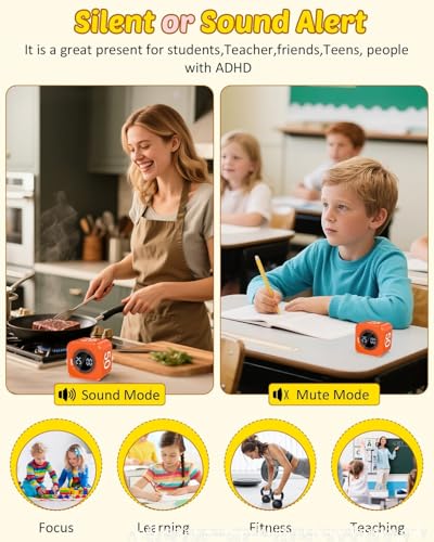 Image of Digital Pomodoro Timer Cube 5 /10 /25 /50min, Visual Productivity Flip Timer for Kids Classroom Desk, Custom Countdown, Silent and Sound Mode for ADHD Study Work Game Kitchen (Orange)