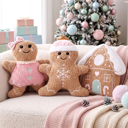 Image of Konohan 3 Pcs Christmas Gingerbread Man House Throw Pillows Xmas Pillows