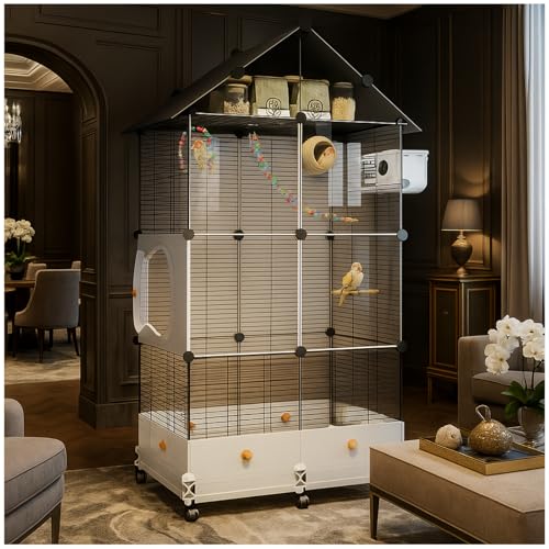 60in Large Flight Bird cage, Equipped with Bird's Nest， Ladder, Swing, Feeder, etc. with Wheels for Easy Outdoor Movement, Suitable for Parrots, Pigeons (Black, 28.4' L x14.2W x 60' H)